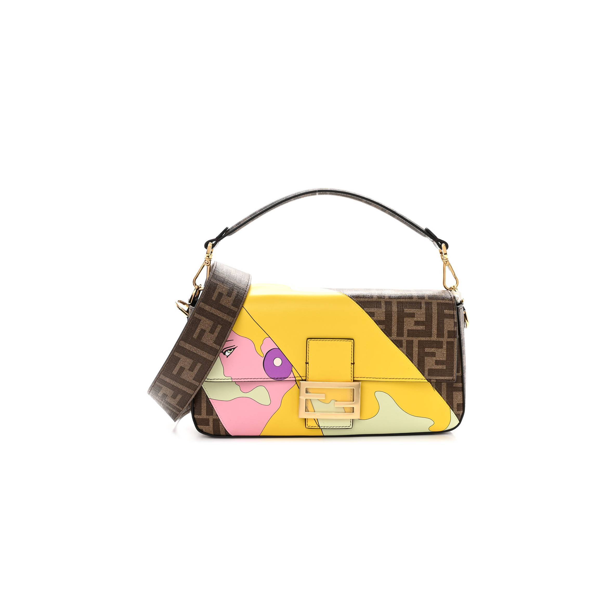 FENDI GLAZED FABRIC FF 1974 HAIRDO GIRLS INLAY BAGUETTE MOGANO PANNA MULTICOLOR (27*15*6cm)